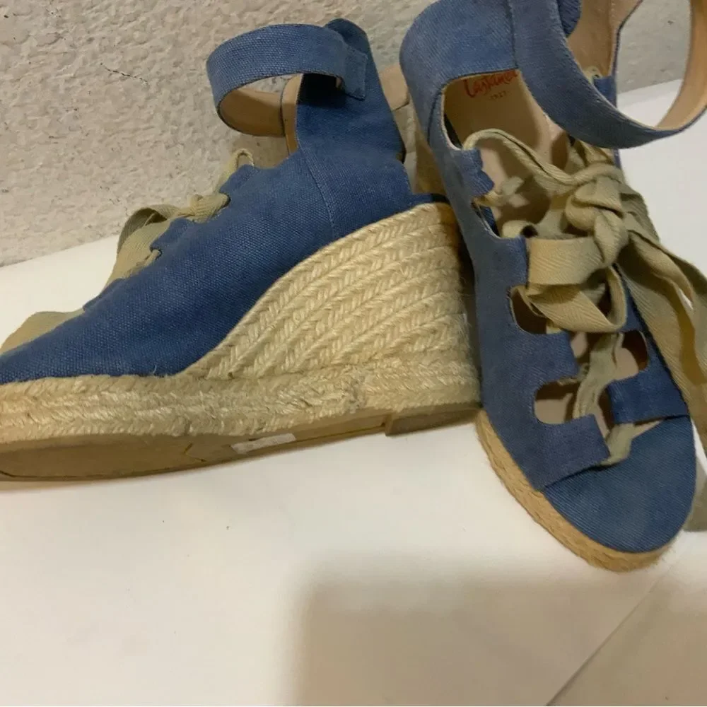 Castaner Leather lace up Denim look platform Wedge Espadrille Sandals 39